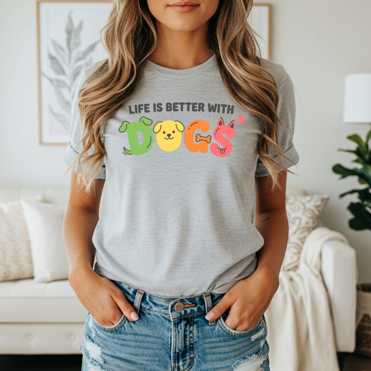 Grey t-shirt with "Life is Better with Dogs" text featuring cartoon dog faces.