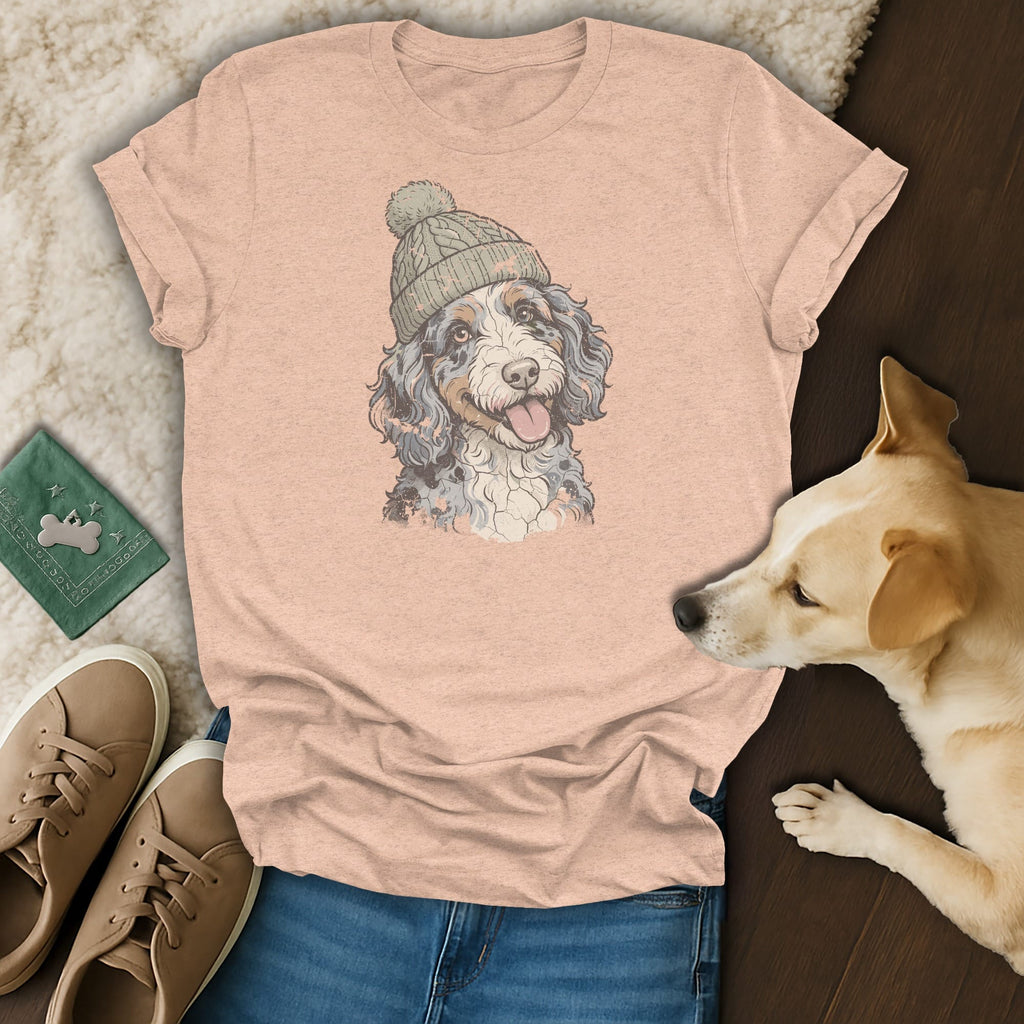 Pink t-shirt with a graphic of a dog wearing a knit hat.