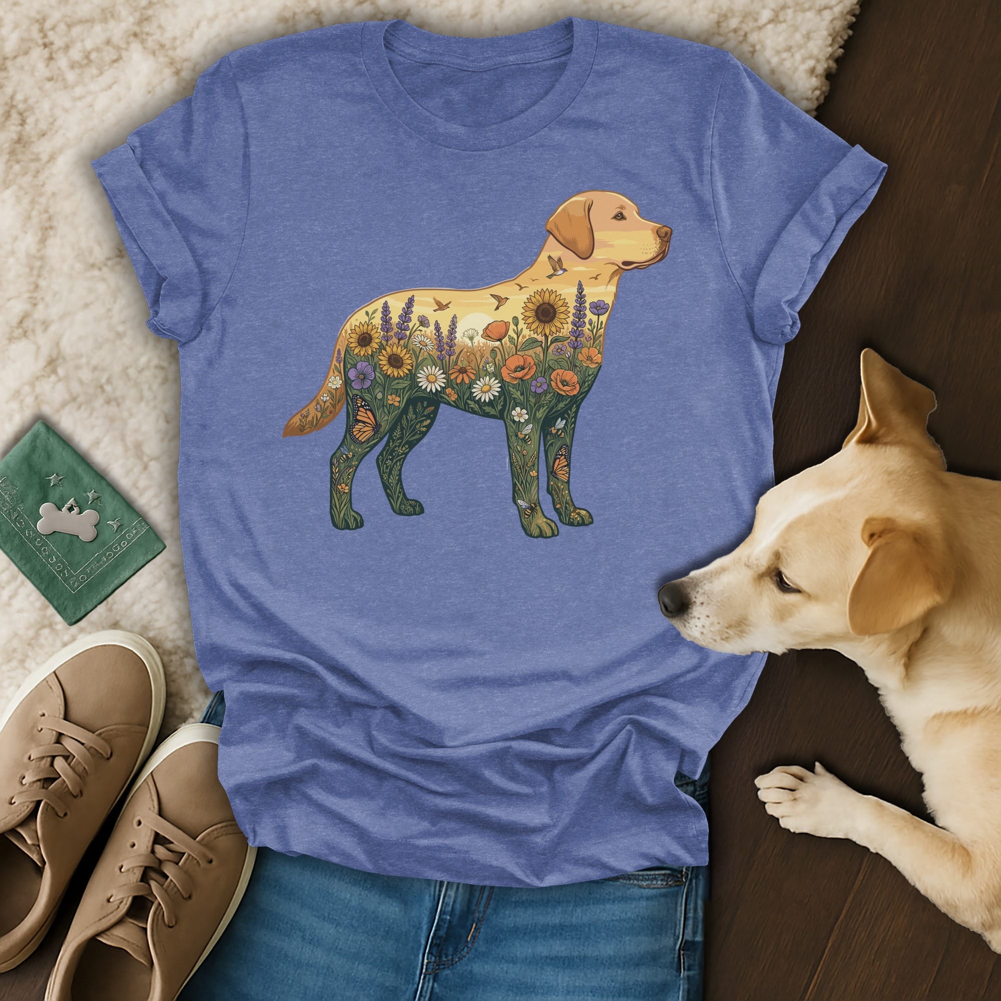 Labrador retriever silhouette filled with wildflowers, sunflowers, and butterflies on a blue t-shirt.