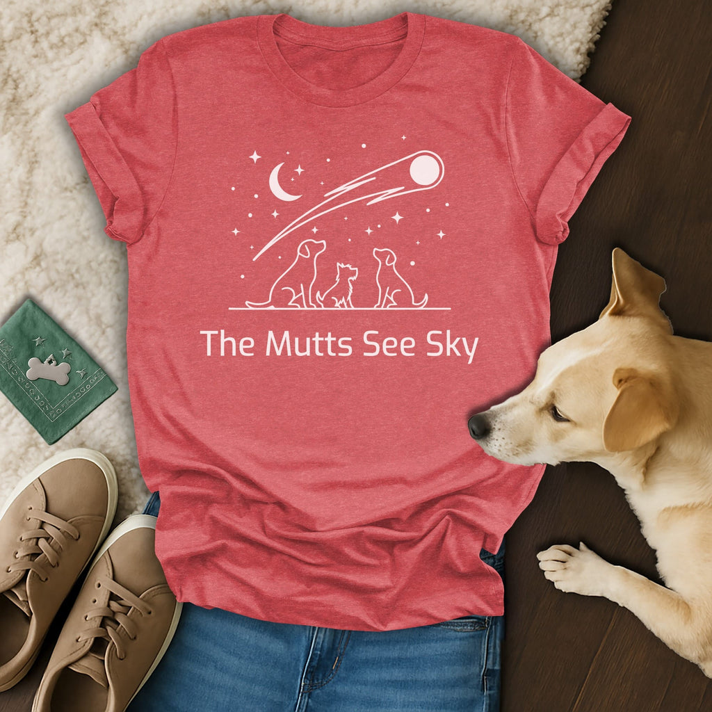 Crimson t-shirt with "The Mutts See Sky" text and shooting star graphic.