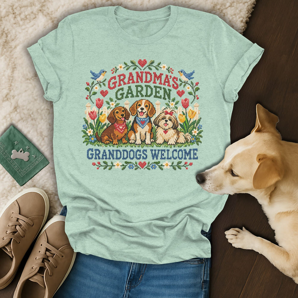 Mint green t-shirt featuring a cross-stitch graphic of three dogs and the text "Grandma's Garden Granddogs Welcome".