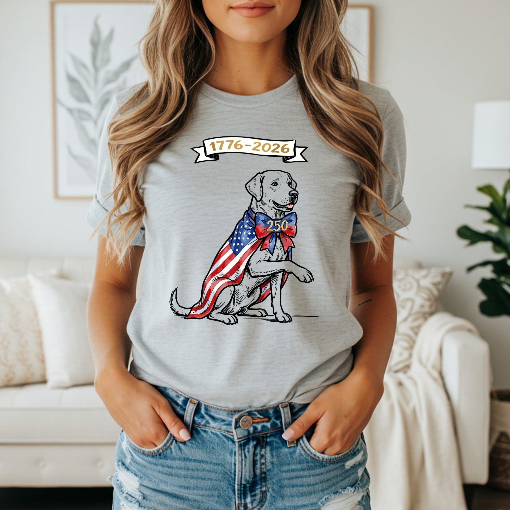 Labrador wearing a US flag cape and bowtie, with "250" and "1776-2026".