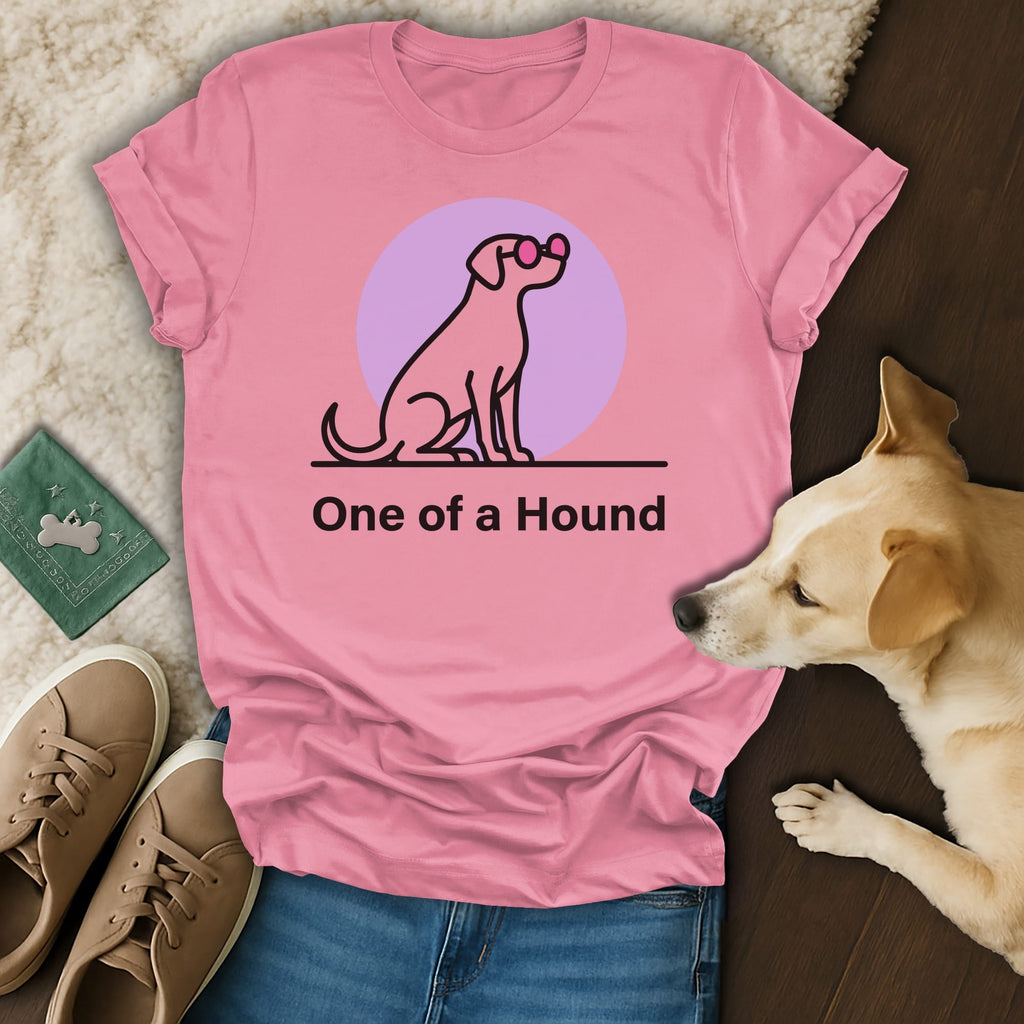 Pink t-shirt with a dog silhouette wearing pink sunglasses and text "One of a Hound".