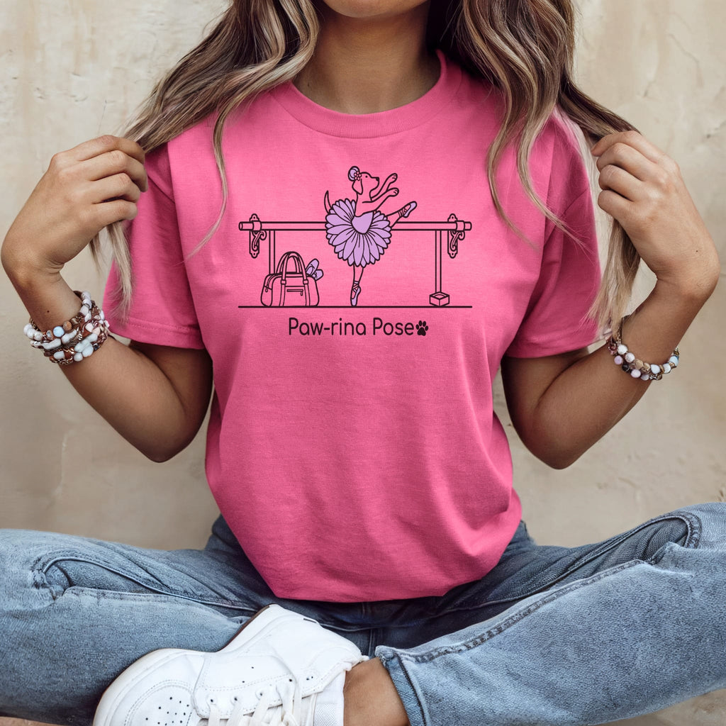 T-shirt with illustration of a dog in a ballet pose, "Paw-rina Pose" text.