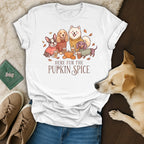 White t-shirt with cartoon dogs and "HERE FUR THE PUPKIN SPICE" text.