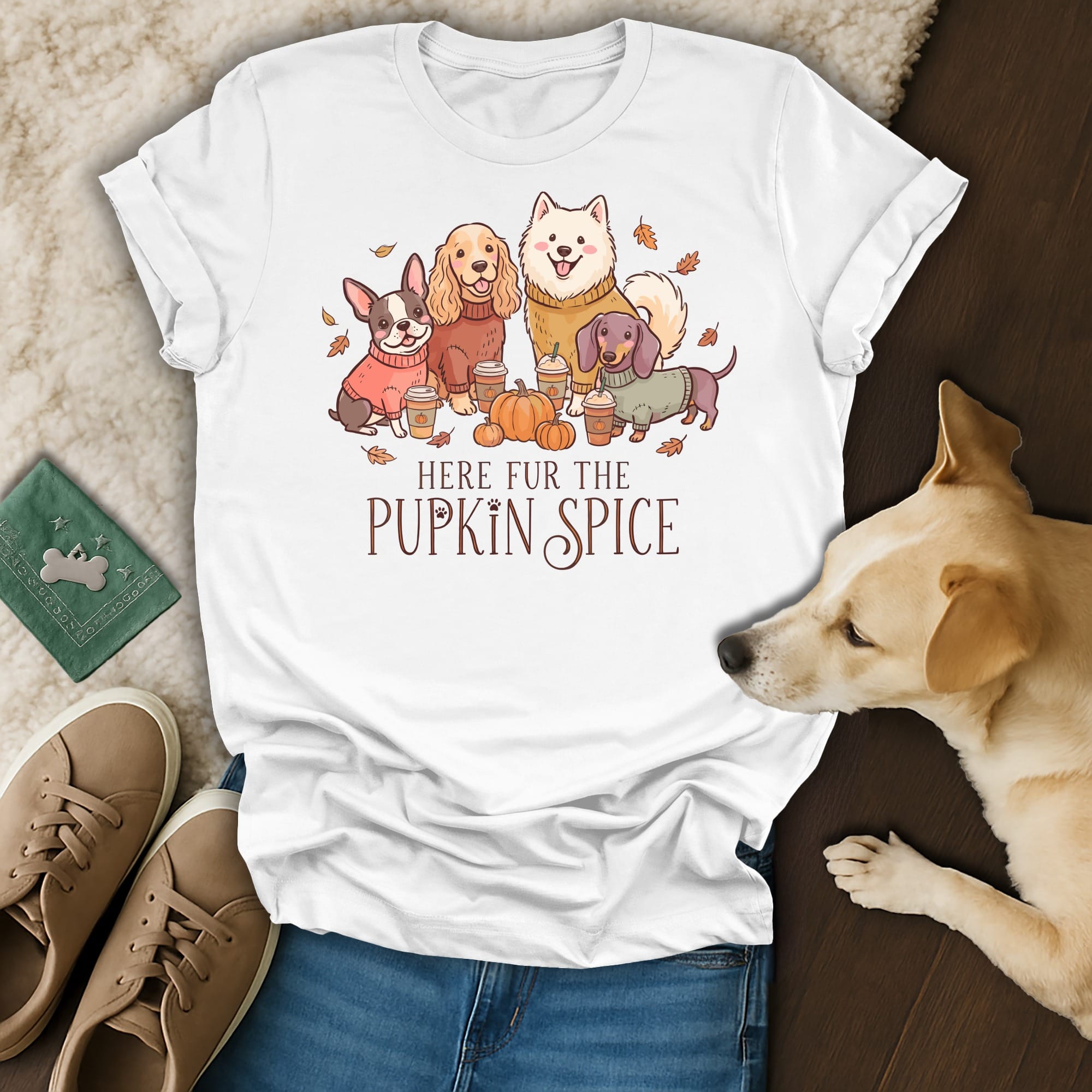 White t-shirt with cartoon dogs and "HERE FUR THE PUPKIN SPICE" text.