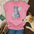 T-shirt with a dog and surfboard graphic, "Beach Please" text.