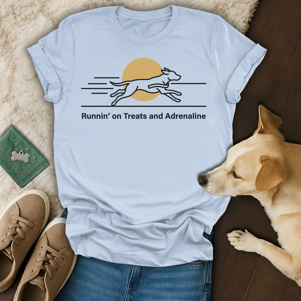 Light blue t-shirt with a dog running graphic and text.