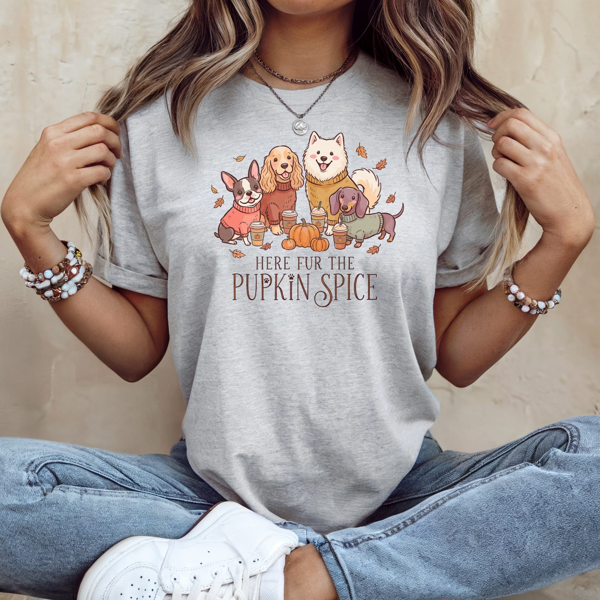 Grey t-shirt graphic with four dogs and "Here fur the pupkin spice" text.