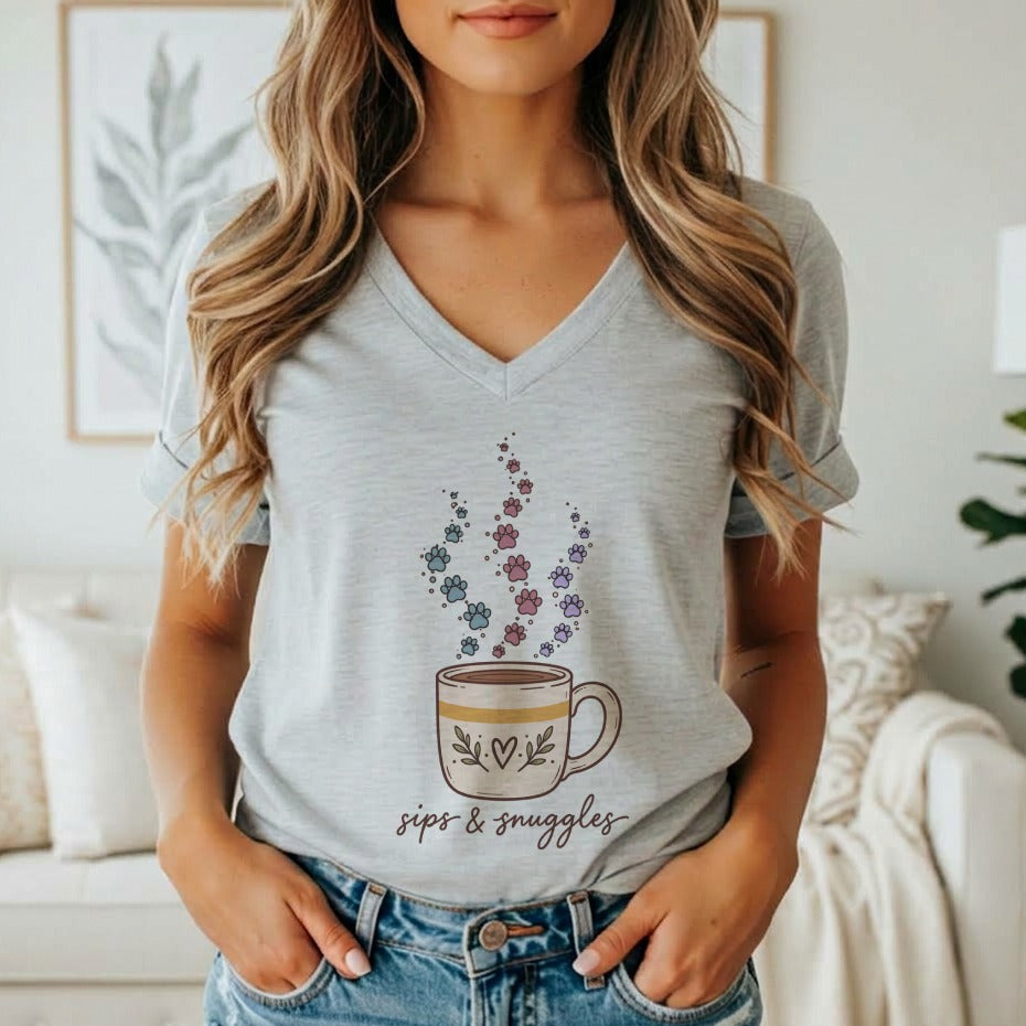 A woman wears a grey v-neck t-shirt featuring a coffee mug graphic with paw print steam and the text sips and snuggles.