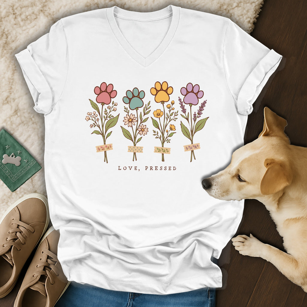 White V-neck t-shirt with four floral paw print stems and the text Love, Pressed.