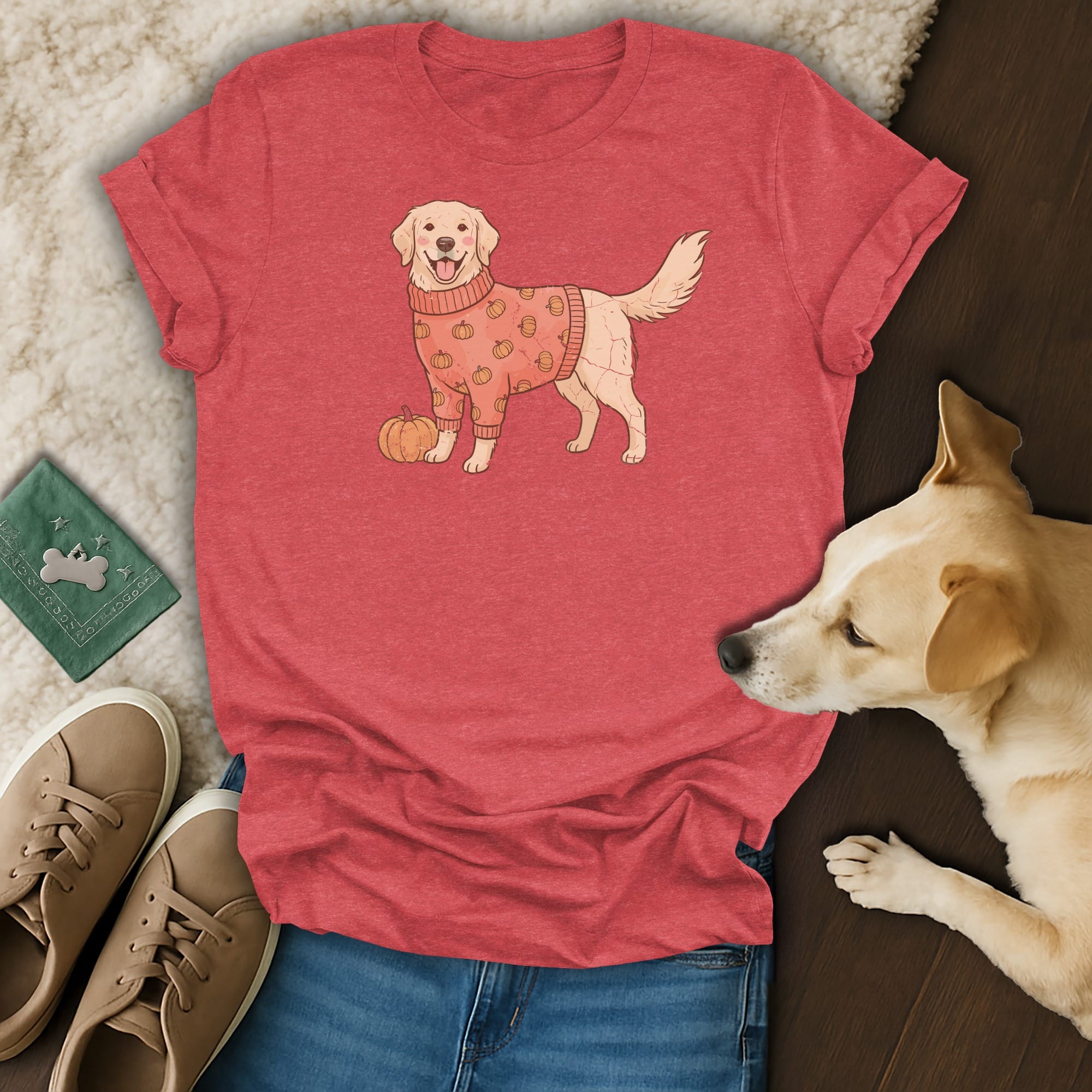 T-shirt with a Golden Retriever wearing a pumpkin sweater and a pumpkin.