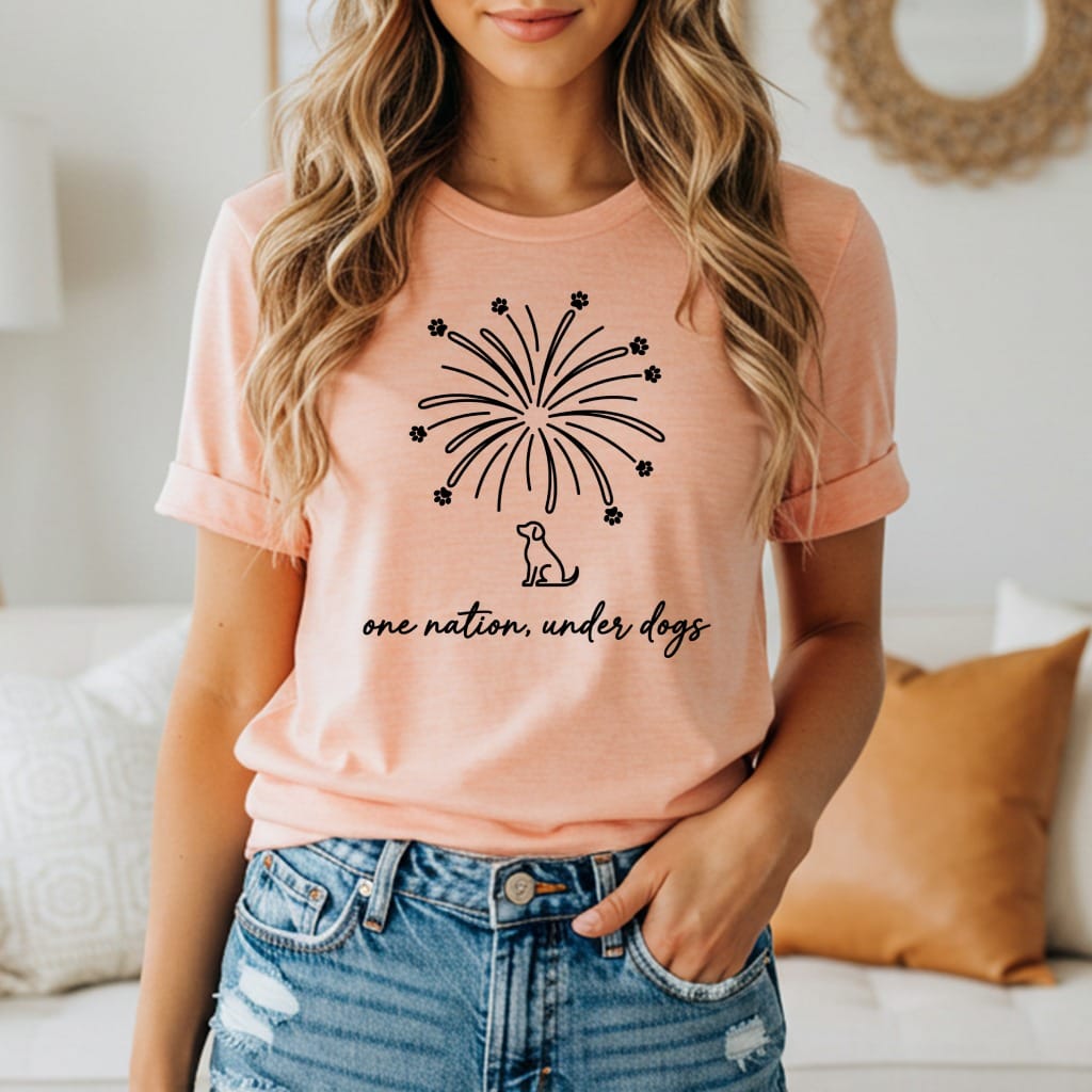 Peach t-shirt with a black line drawing of fireworks and a dog, and text.