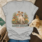 Heather gray V-neck t-shirt featuring a vintage graphic of a dog gardening, with text reading Garden Assistant results may vary.