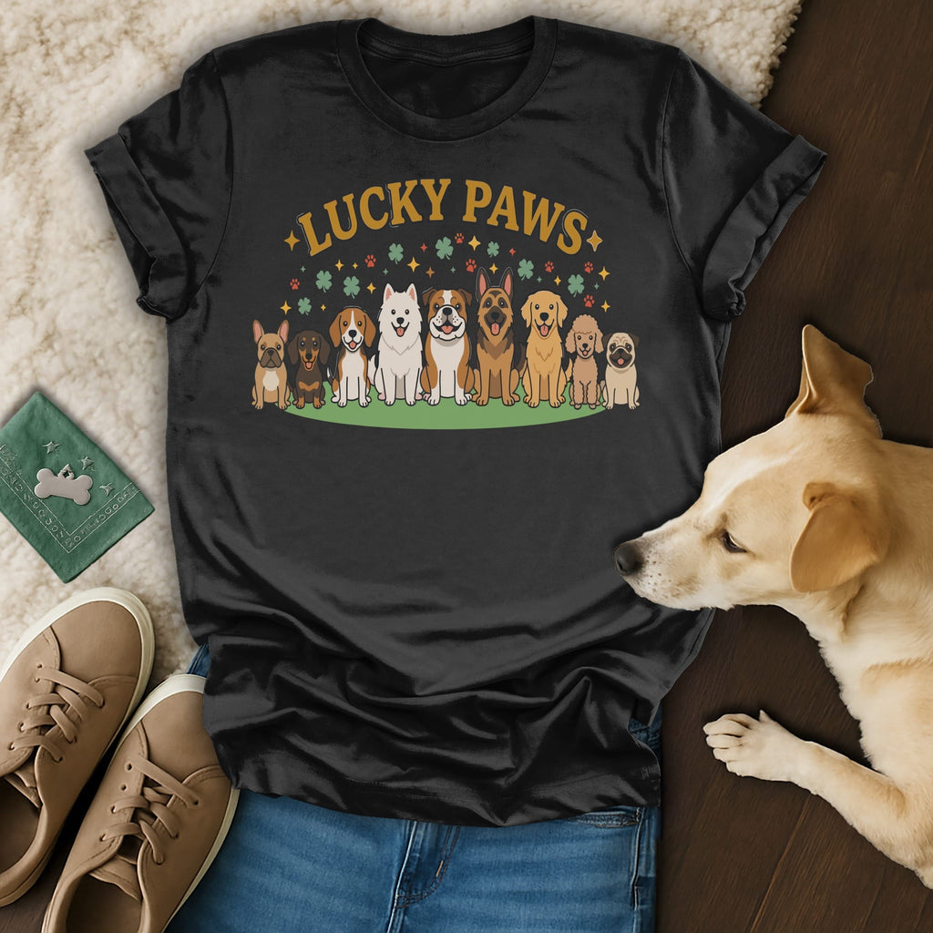 Black t-shirt with "Lucky Paws" text and cartoon dogs in a row.