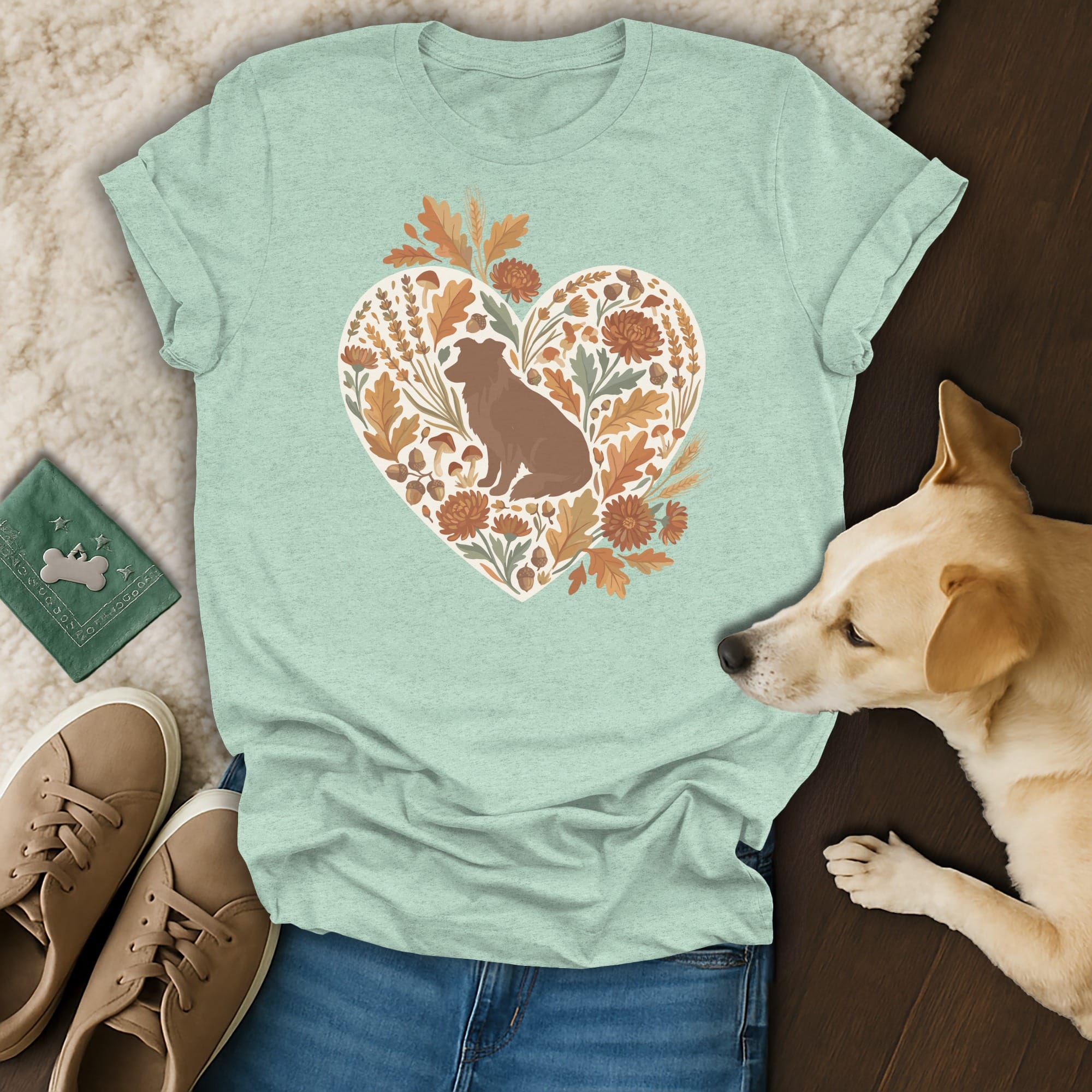 Light blue t-shirt with a brown dog illustration inside a heart of leaves and mushrooms.