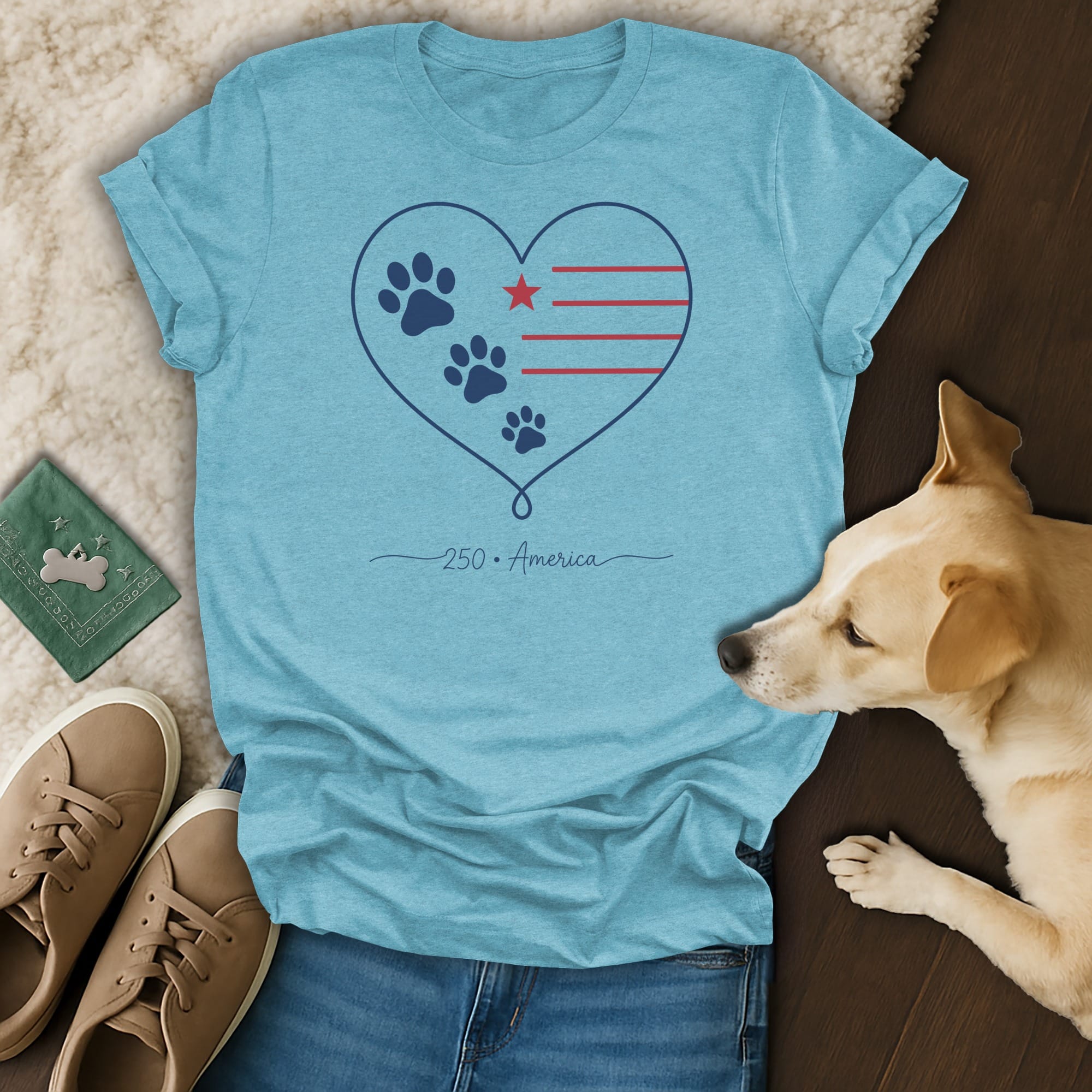 Blue t-shirt with a heart graphic featuring paw prints and stars, with "250 America" text.