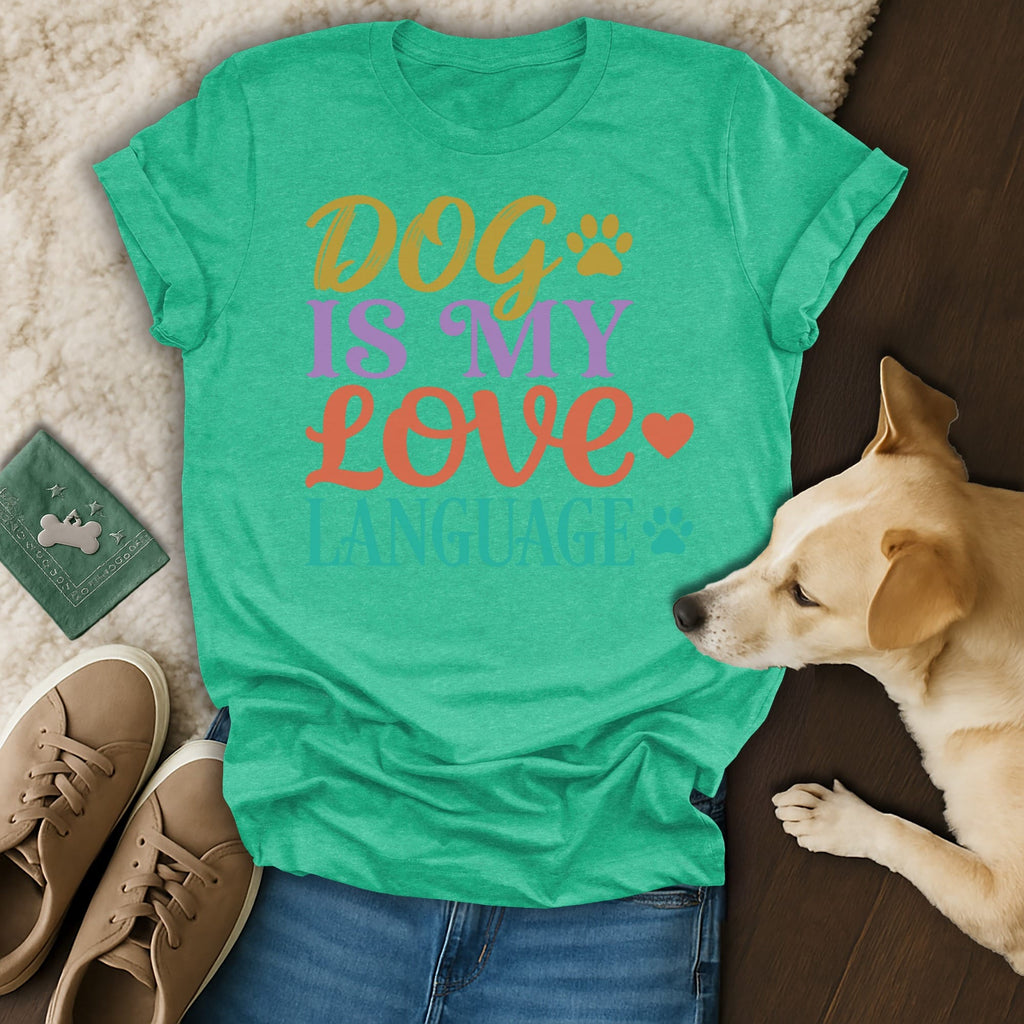 Green t-shirt with "Dog is My Love Language" text and dog partially visible.