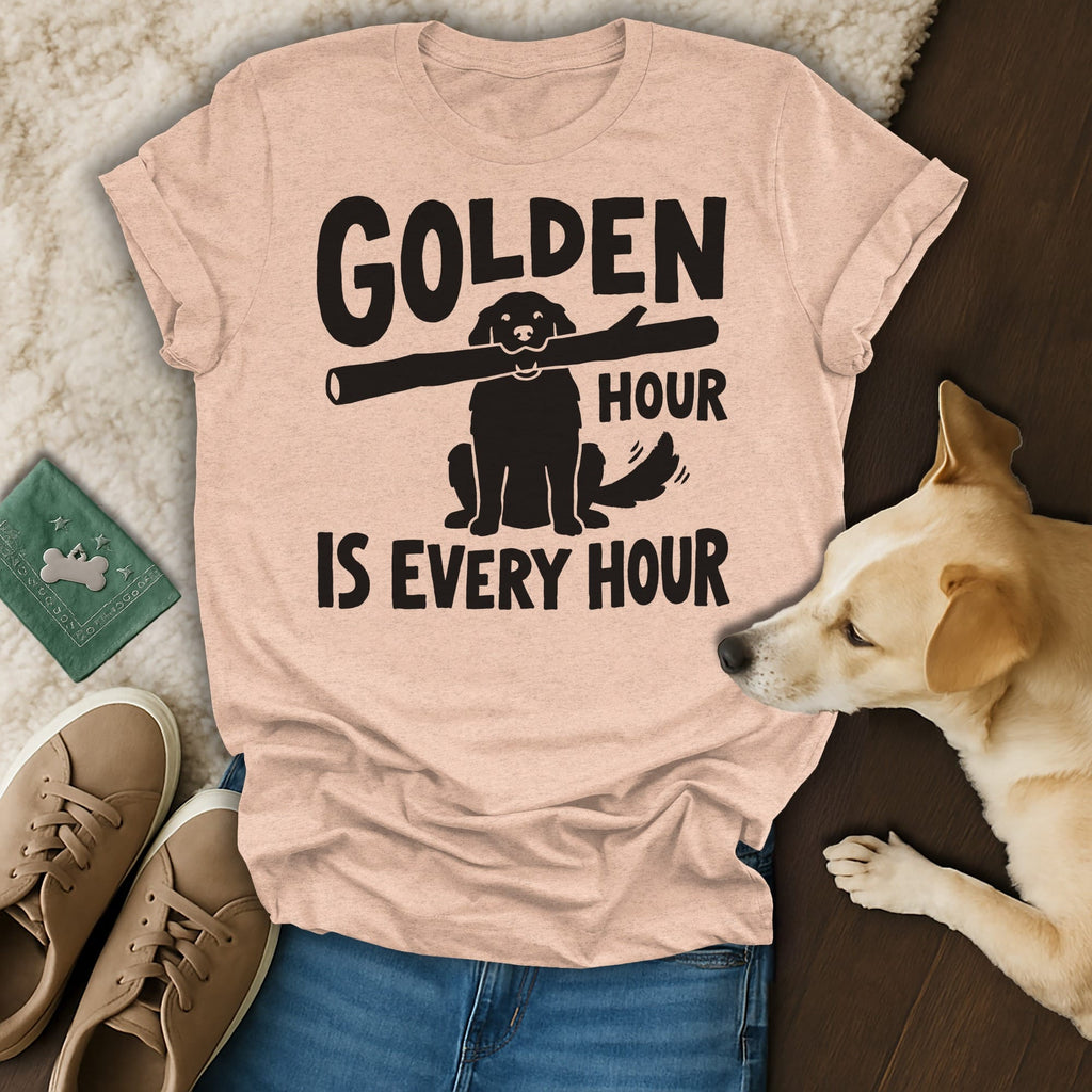 T-shirt with black text "GOLDEN HOUR IS EVERY HOUR" and a dog silhouette holding a stick.