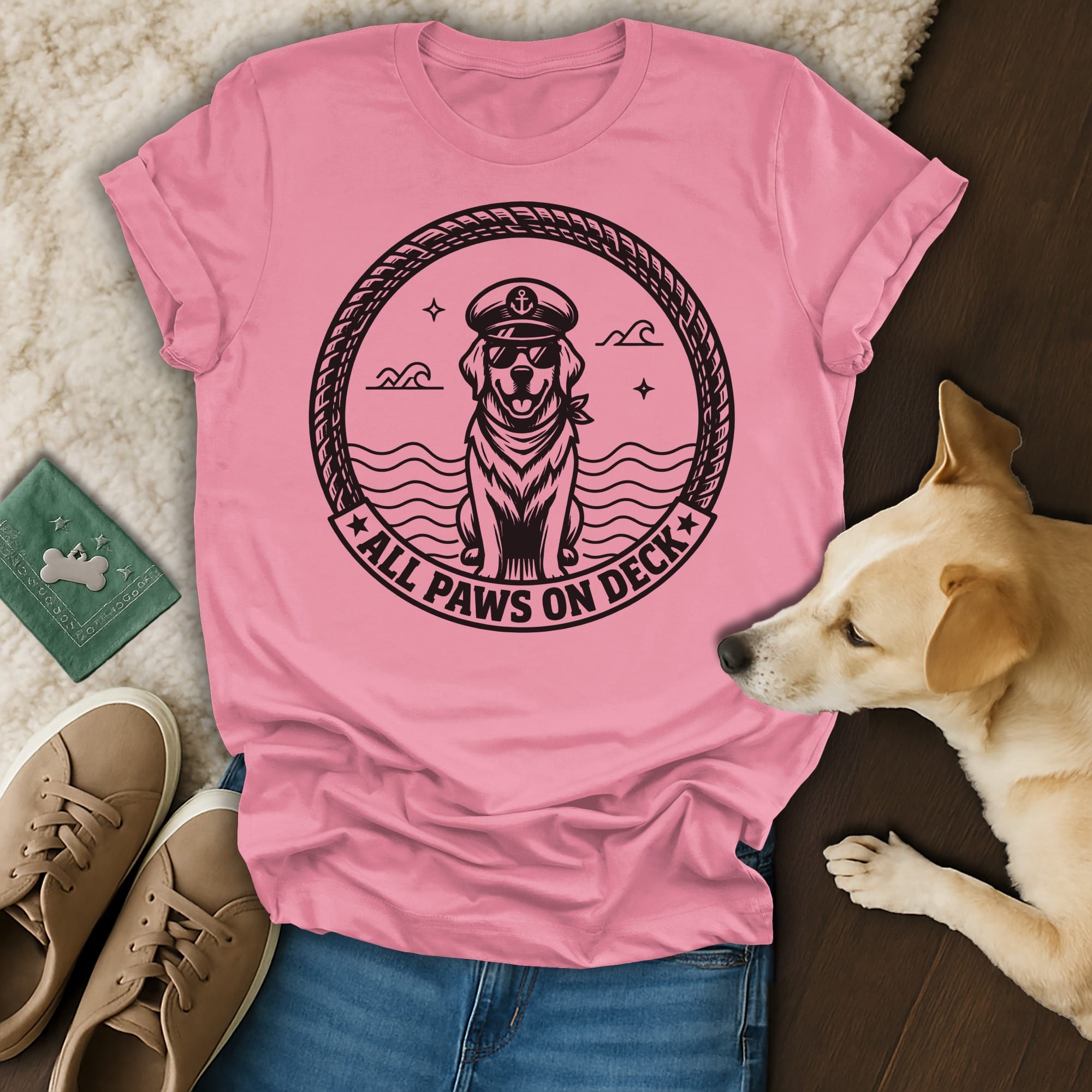 Pink t-shirt with "All Paws on Deck" and a dog in a captain's hat.