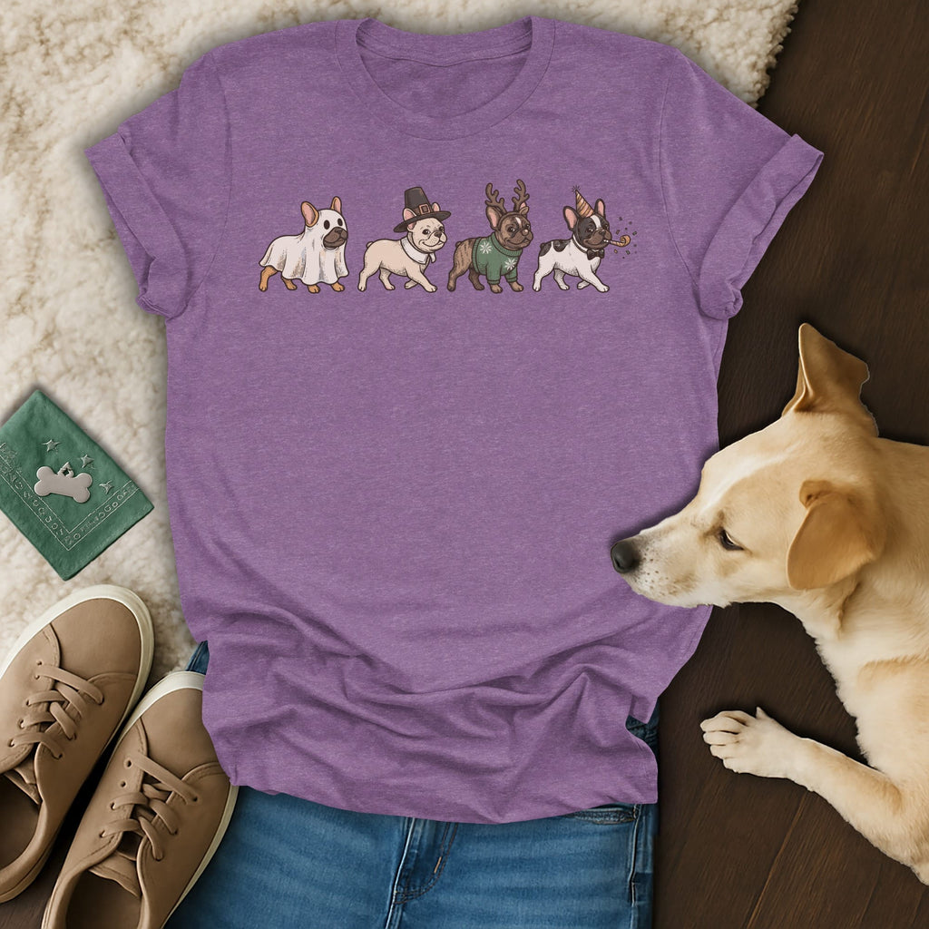 Purple t-shirt with four French Bulldogs in costumes: ghost, pilgrim, reindeer, and party.