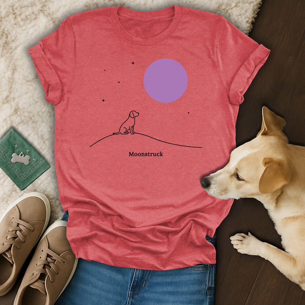 Red t-shirt with dog silhouette under a purple moon and stars.