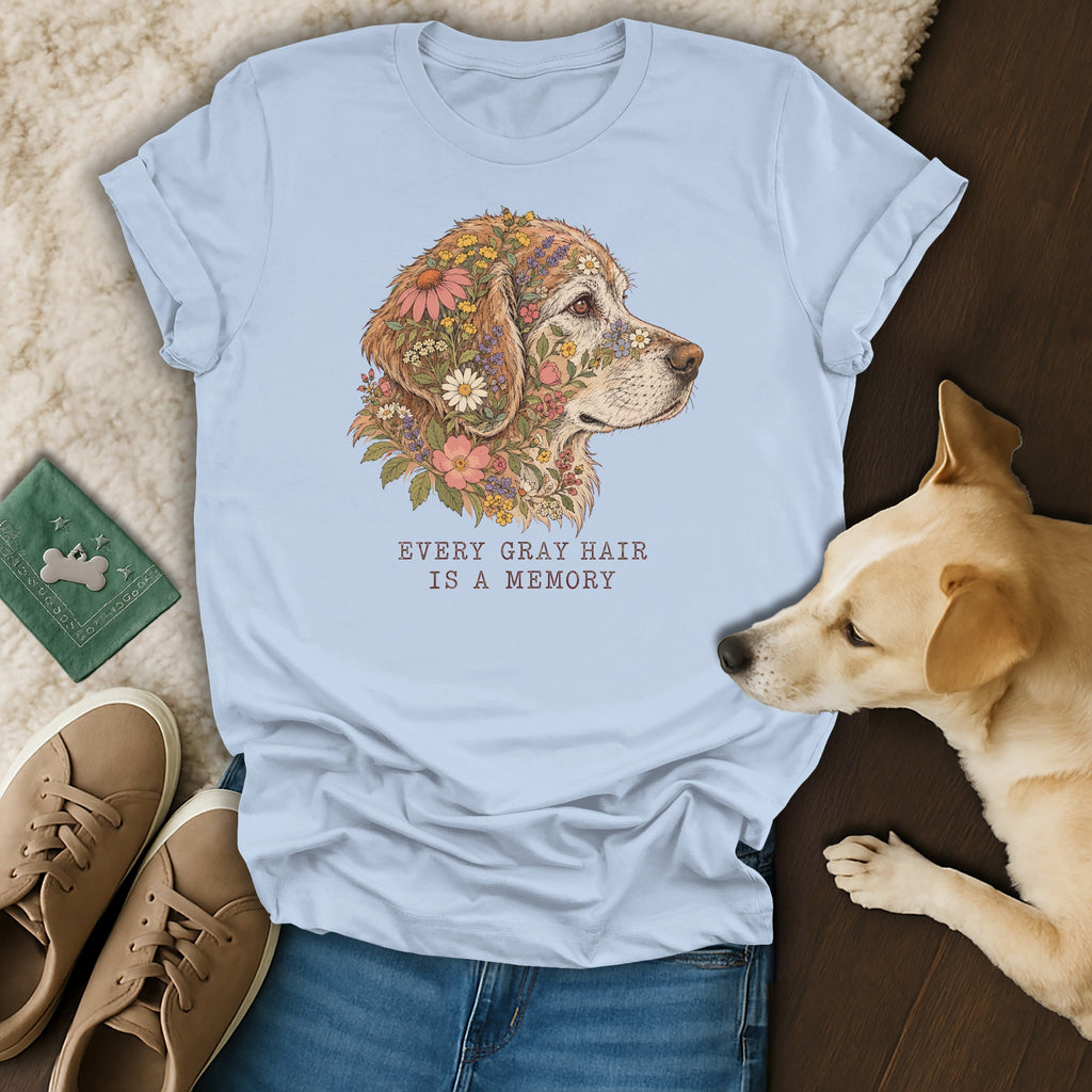 Light blue t-shirt featuring a golden retriever illustration with flowers and the text every gray hair is a memory.