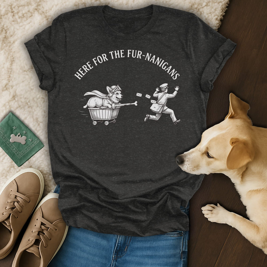 Dark gray t-shirt with white text "HERE FOR THE FUR-NANIGANS" and illustration.