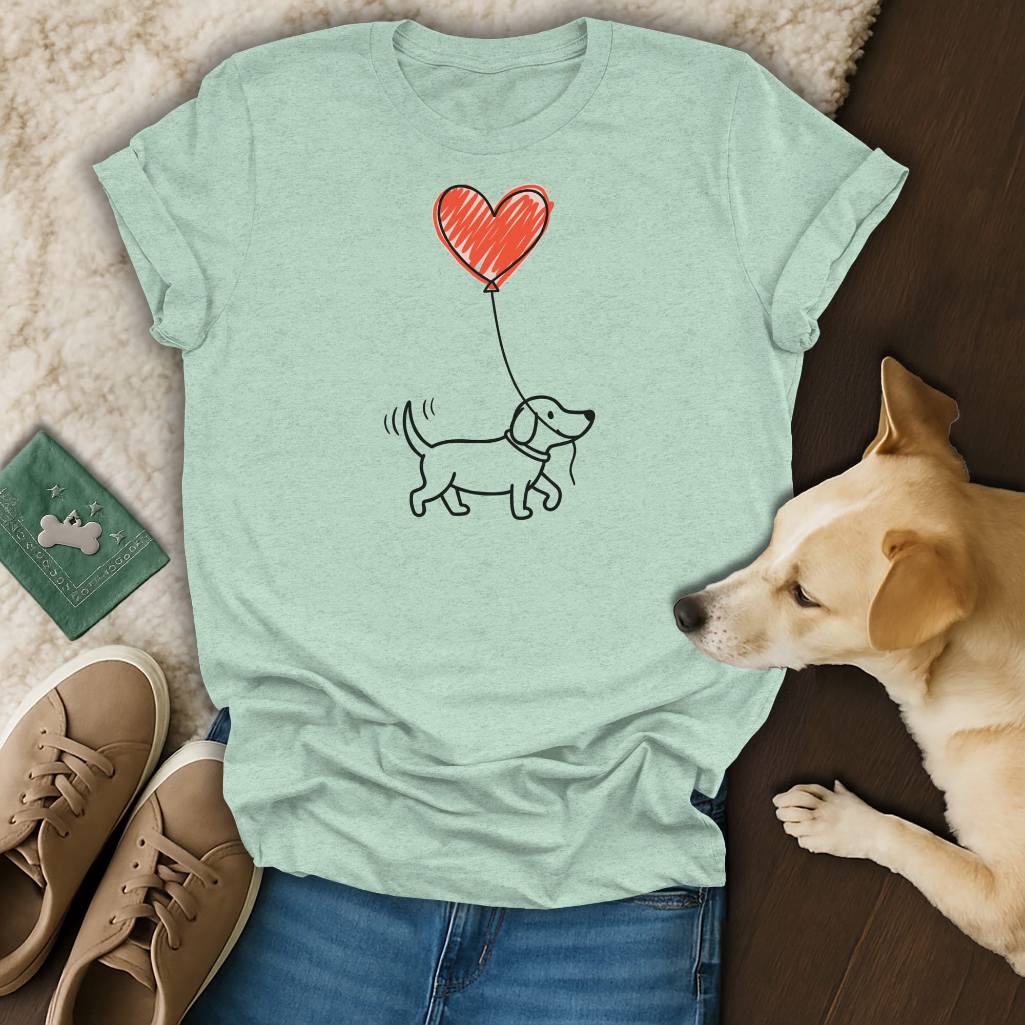 Light green t-shirt with a drawing of a dachshund holding a red balloon.