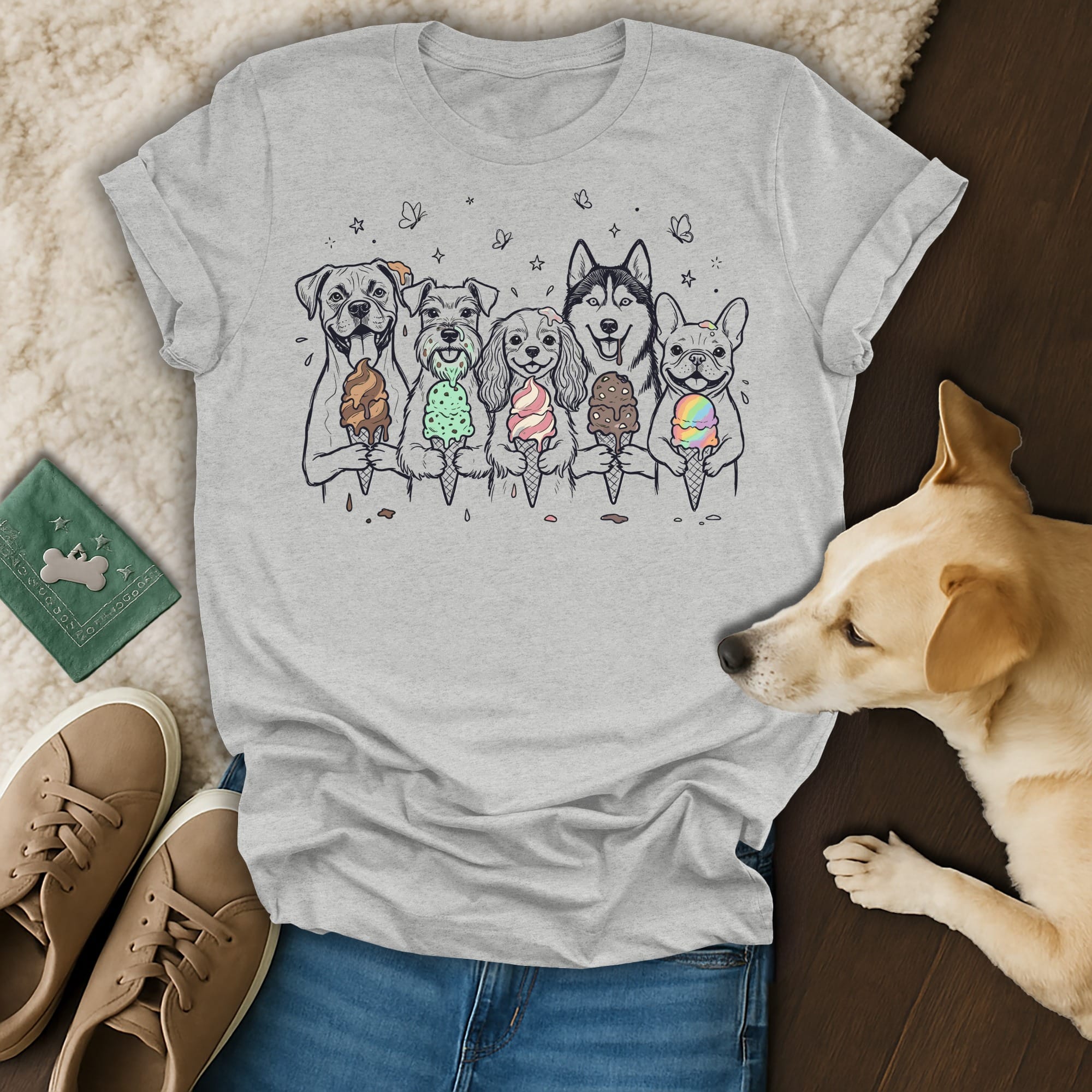 Dog wearing a t-shirt featuring dogs with ice cream cones.