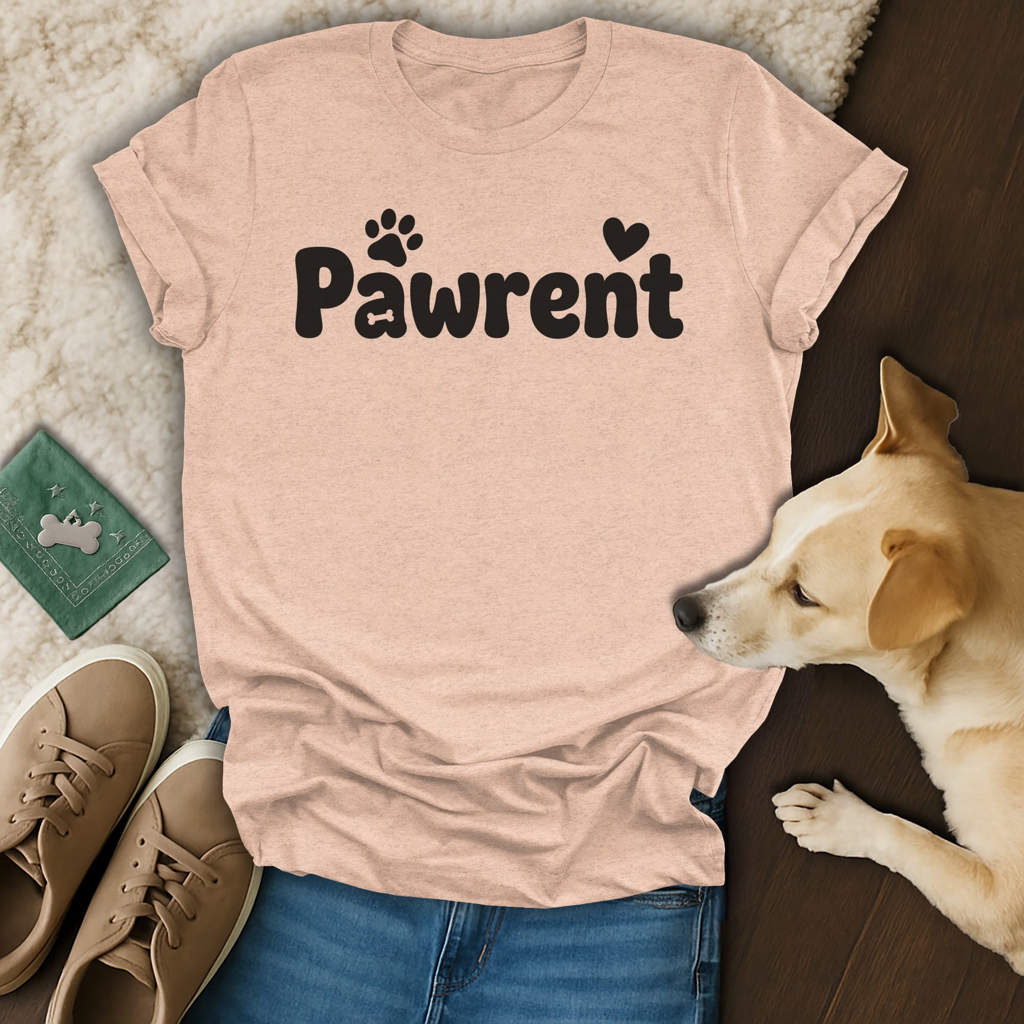 Peach t-shirt with "Pawrent" text and paw print and heart graphic.