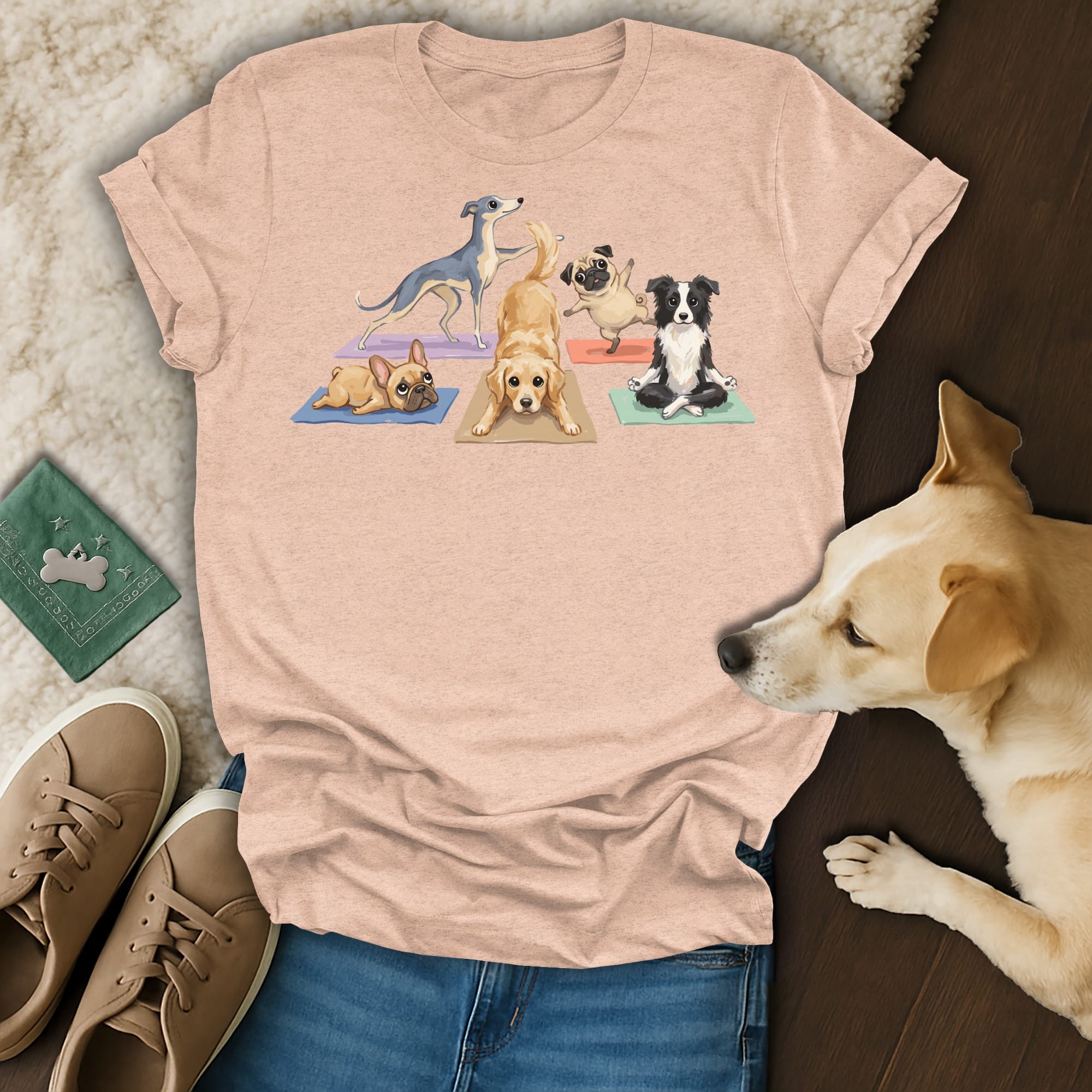 Dogs in yoga poses on a peach t-shirt.