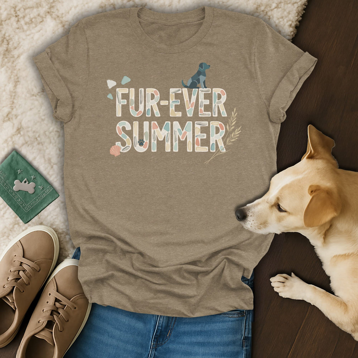 T-shirt with "Fur-ever Summer" text, a blue dog silhouette, and beach motifs.