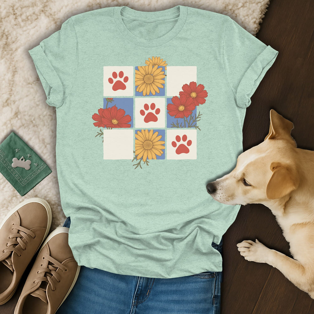 Light mint t-shirt with a grid design of red paw prints, red flowers, and yellow flowers.