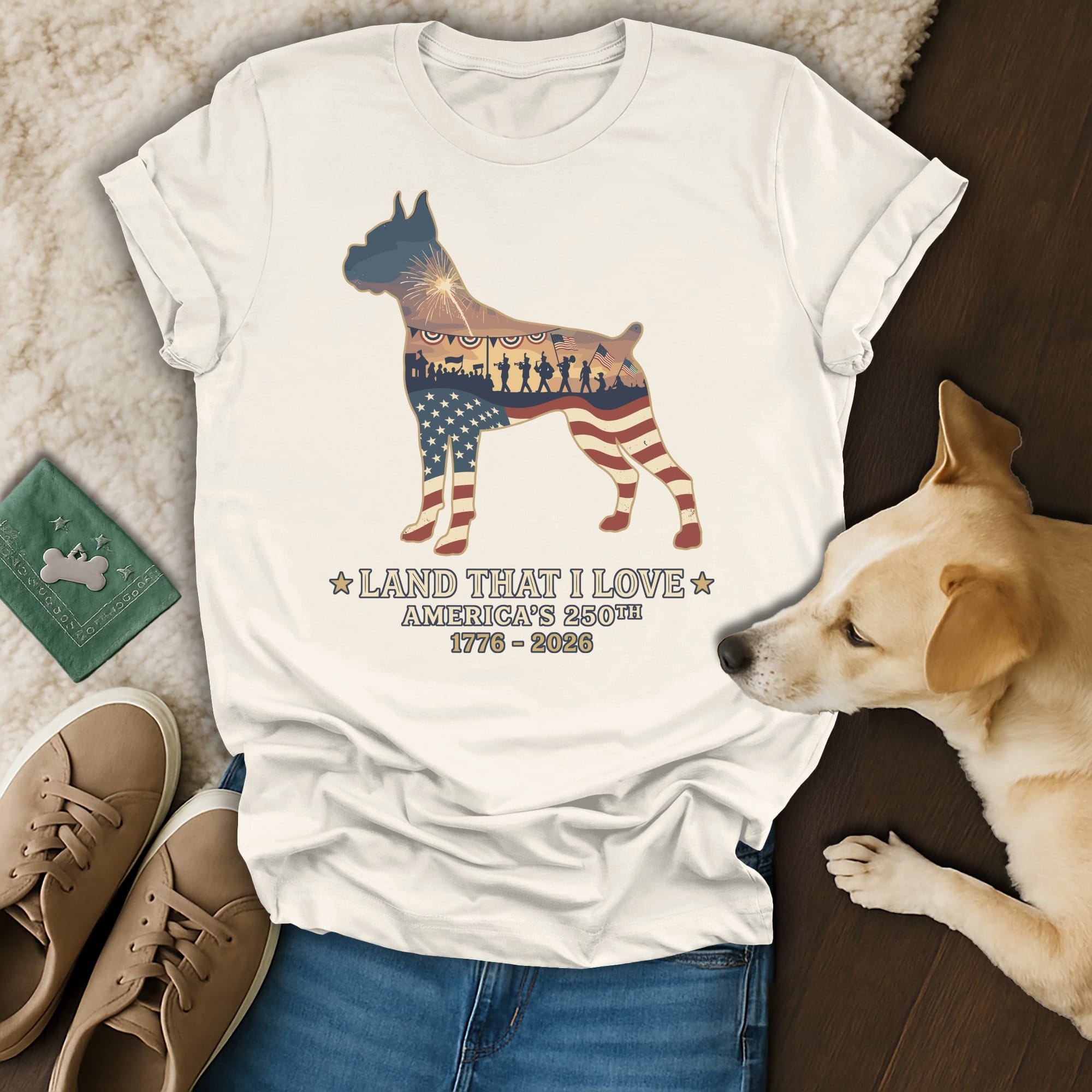 White t-shirt with Boxer dog silhouette containing American flag and patriotic scene.