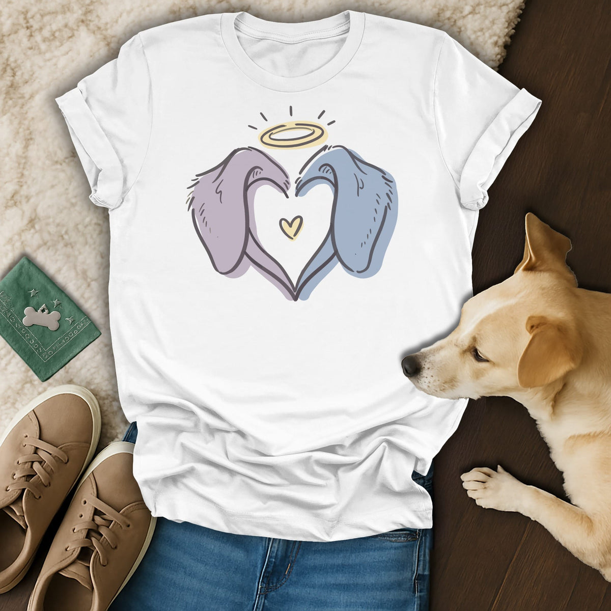 White t-shirt with blue and purple dog ears forming a heart over a yellow heart.