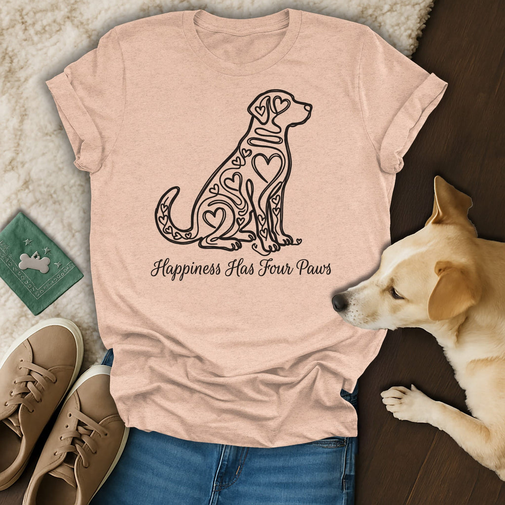 T-shirt with a black heart-patterned dog illustration and "Happiness Has Four Paws" text.