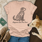 T-shirt with a black heart-patterned dog illustration and "Happiness Has Four Paws" text.