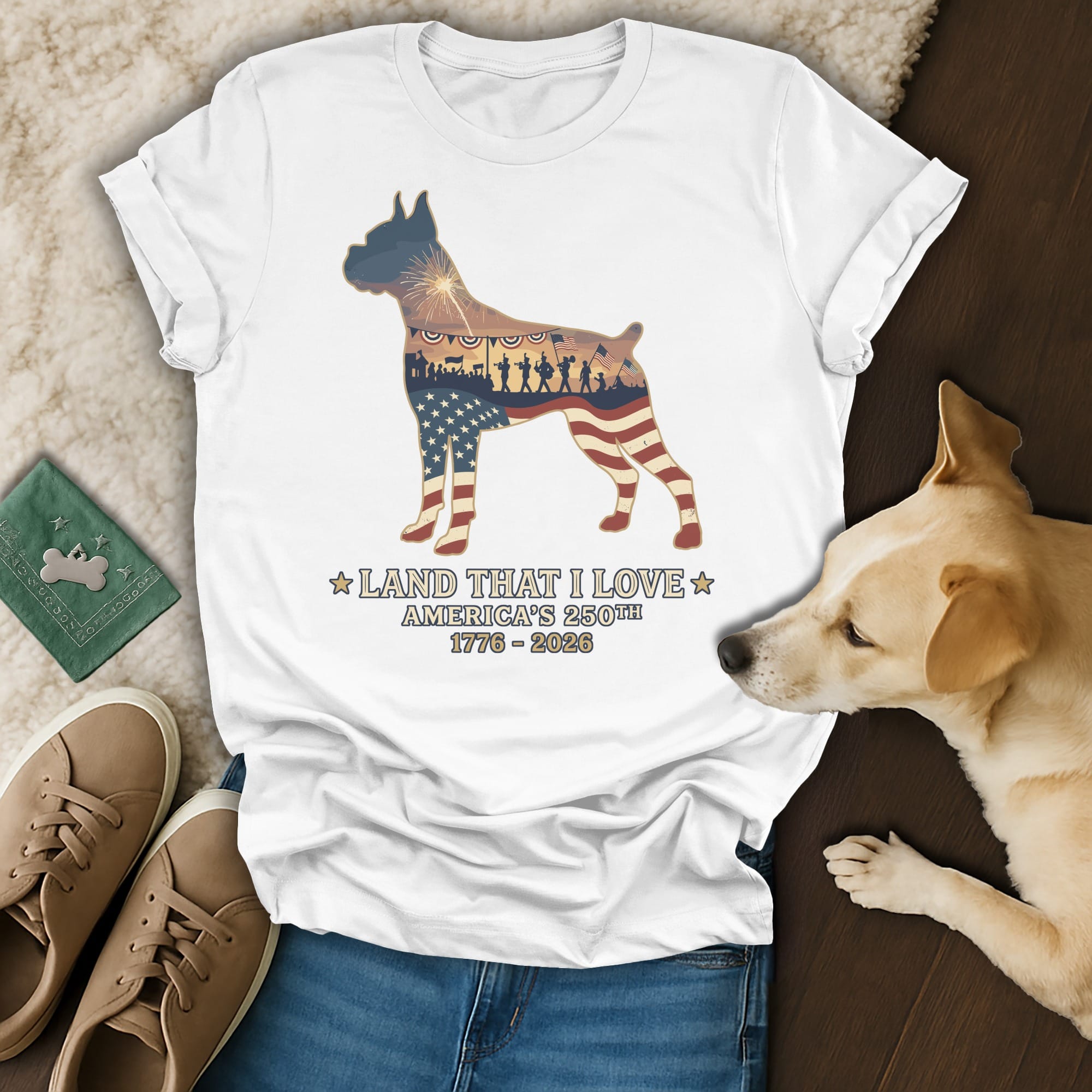 Boxer dog silhouette with American flag inside, overlaid with "Land That I Love".