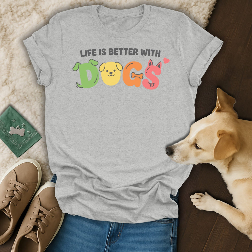 Grey t-shirt with colorful "DOGS" text and a dog nearby.