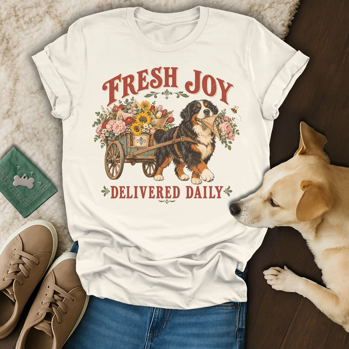 Cream t-shirt featuring a graphic of a Bernese Mountain Dog pulling a flower cart, with the text Fresh Joy Delivered Daily.