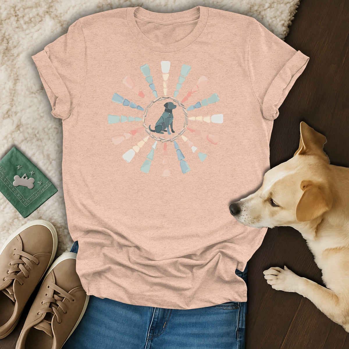 Peach t-shirt with a circular pastel design and a black dog silhouette.