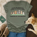 T-shirt with dogs and text "SAILED THE SEVEN SEAS. TERRIFIED OF THE MAILMAN".