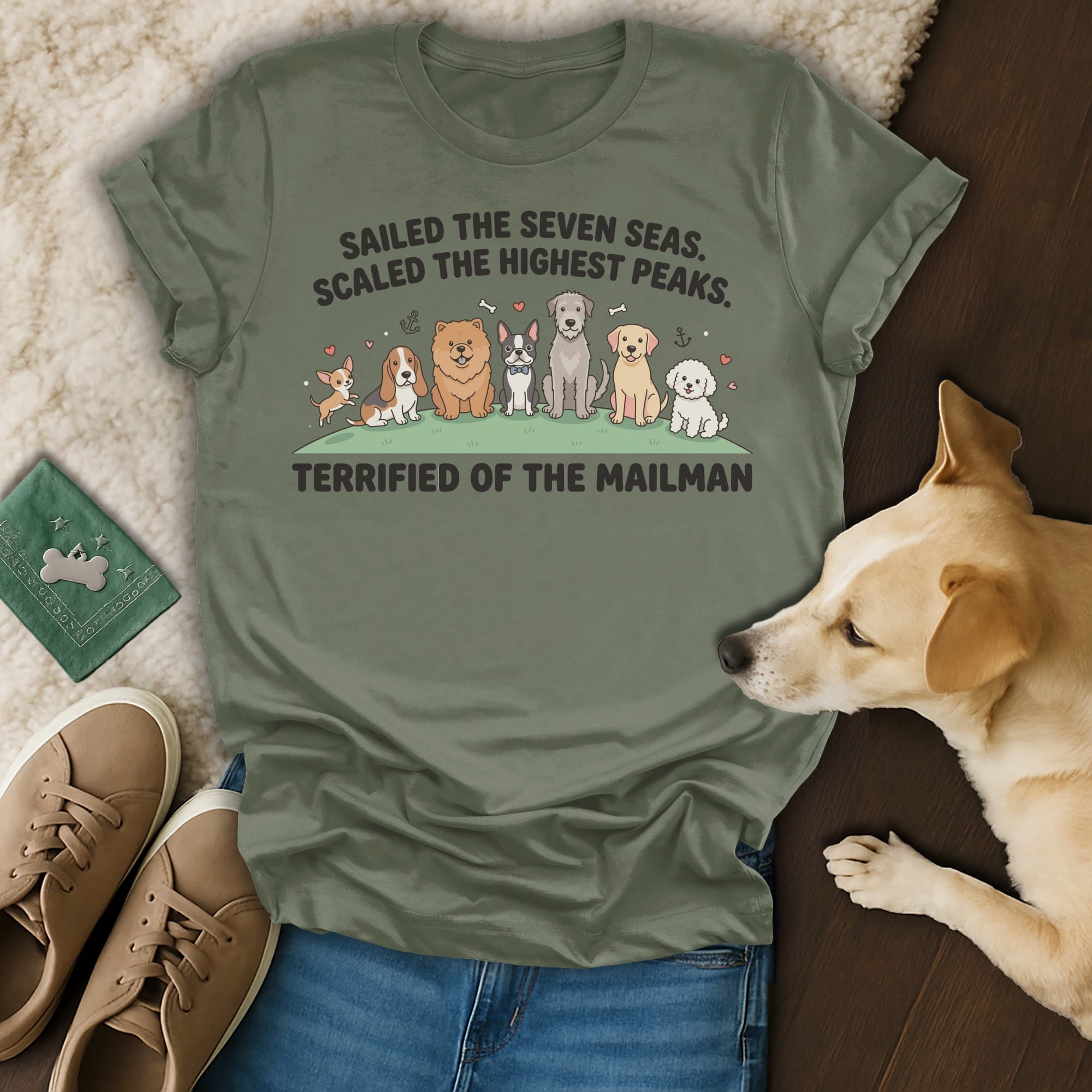 T-shirt with dogs and text "SAILED THE SEVEN SEAS. TERRIFIED OF THE MAILMAN".
