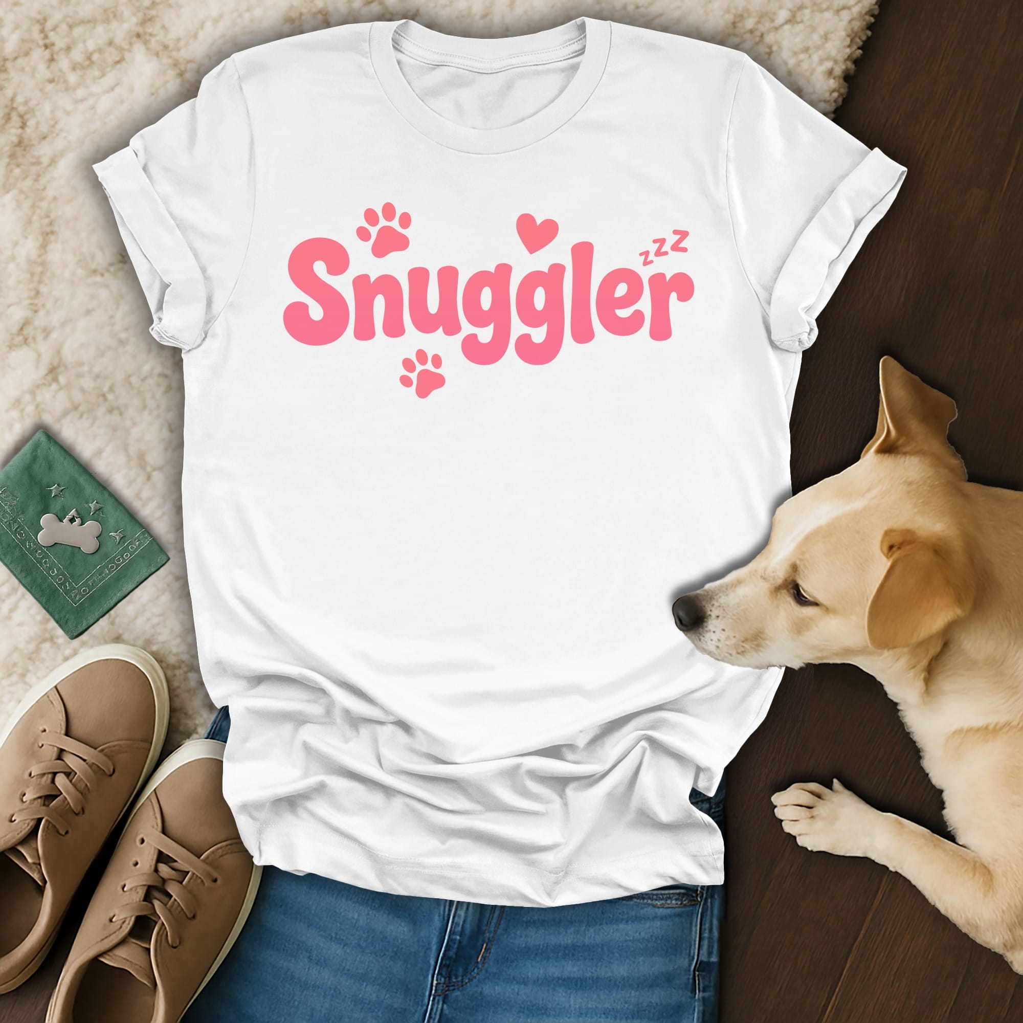 White t-shirt with pink "Snuggler" text, paw prints, and hearts.