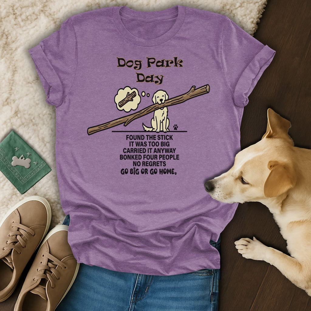 Purple t-shirt with "Dog Park Day" text and a dog graphic.