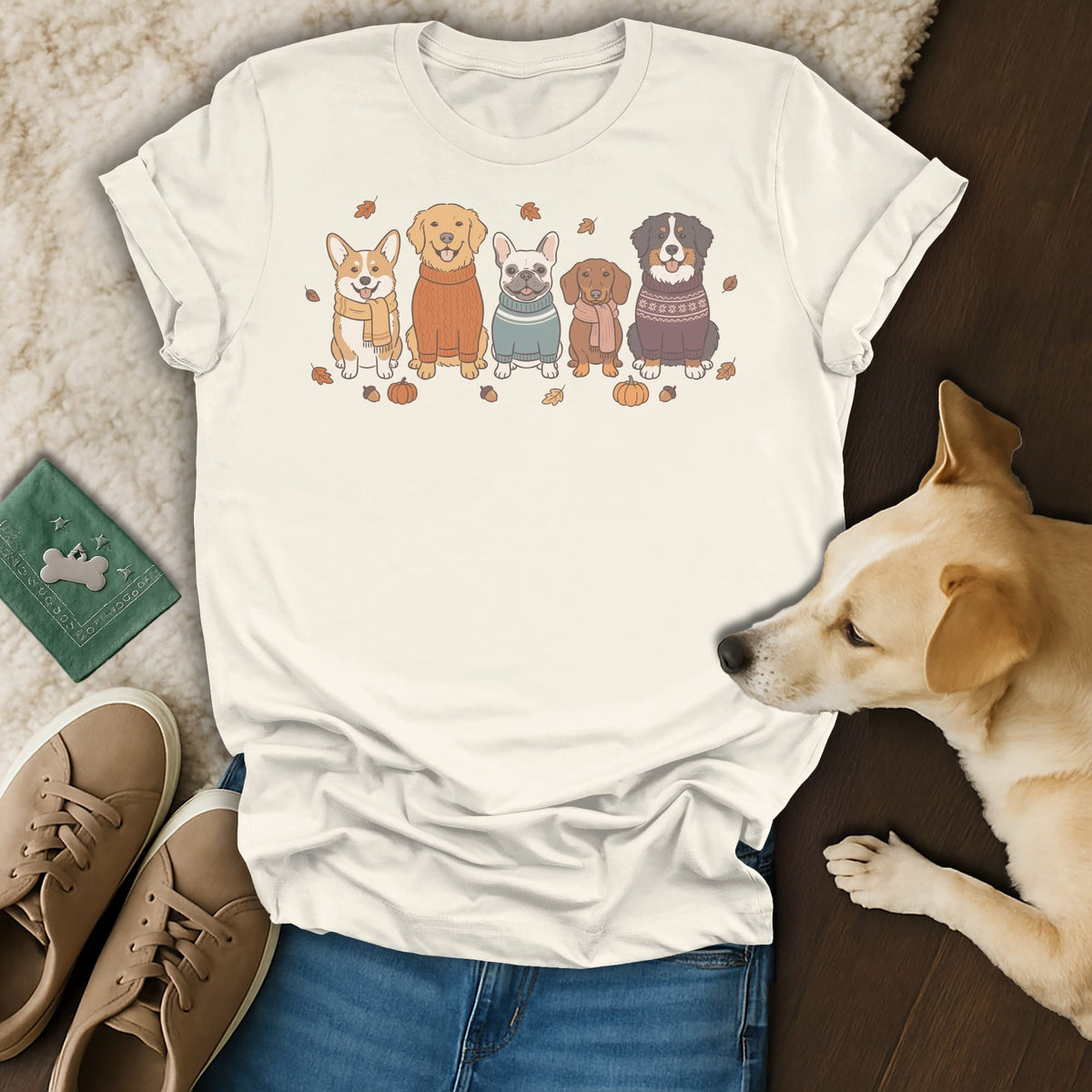 Cream t-shirt with illustration of five dogs in sweaters and autumn leaves.