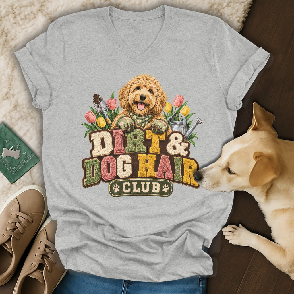 Heather gray V-neck T-shirt featuring a cartoon doodle dog gardening and text that reads Dirt and Dog Hair Club.