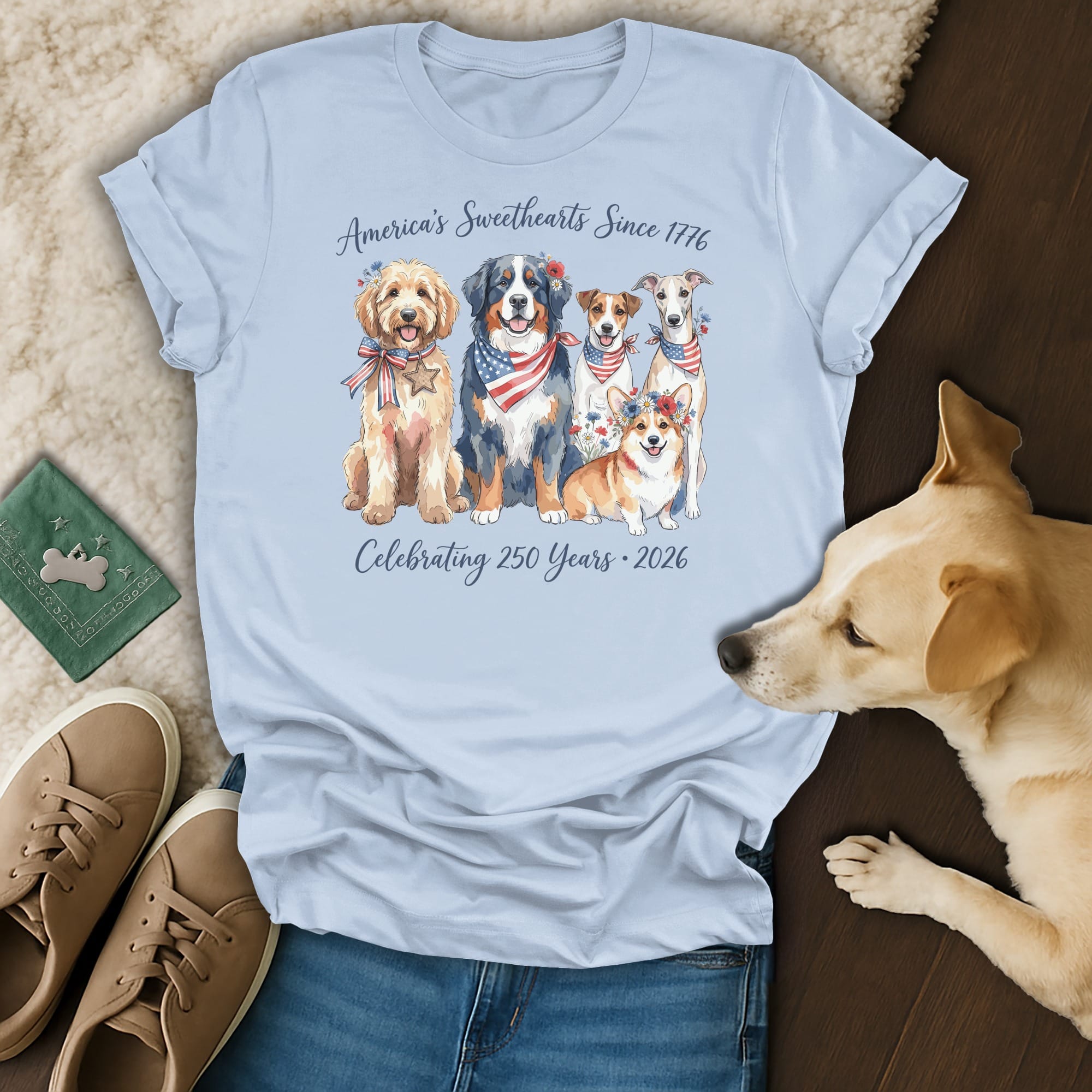 Patriotic dogs celebrate 250 years since 1776 with "America's Sweethearts" graphic.