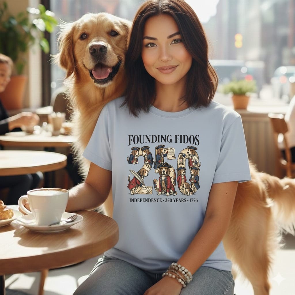 T-shirt with "Founding Fidos" logo featuring dogs in colonial attire.